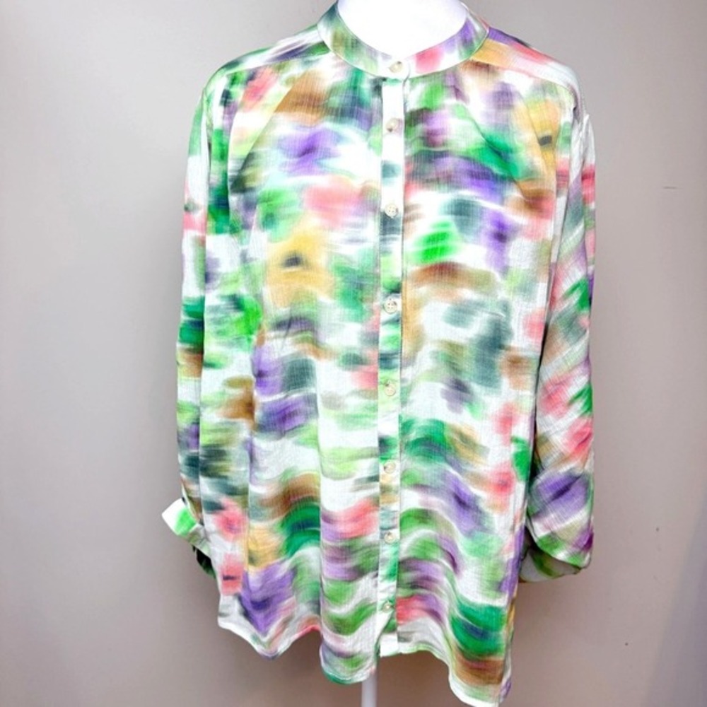 Pilcro Watercolor Abstract Button Down Blouse Green Purple Size XLP (Petite XL)